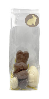 Paaspakket 2: Holle chocolade konijn 10 cm met 3 gevulde praline paaseitjes en 1 hol paasei 6 cm