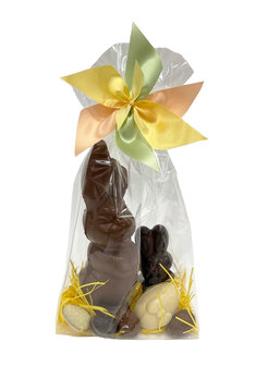 Paaspakket 5: Paasfiguren Haas en Konijn, praline paaschocolades, holle en gevulde praline paaseieren
